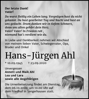 Traueranzeige von Hans Jürgen Ahl von Mitteldeutsche Zeitung Sangerhausen