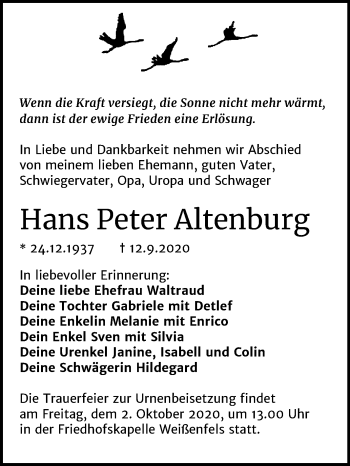 Traueranzeige von Hans Peter Altenburg von Mitteldeutsche Zeitung Weißenfels
