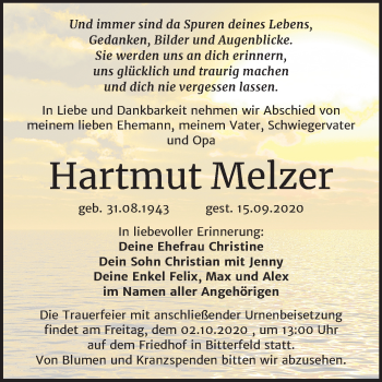 Traueranzeige von Hartmut Melzer von Mitteldeutsche Zeitung Bitterfeld