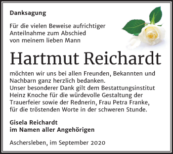 Traueranzeige von Hartmut Reichardt von Mitteldeutsche Zeitung Aschersleben