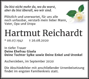 Traueranzeige von Hartmut Reichardt von Mitteldeutsche Zeitung Aschersleben