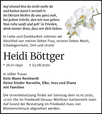Traueranzeige von Heidi Böttger von Super Sonntag Dessau-Roßlau