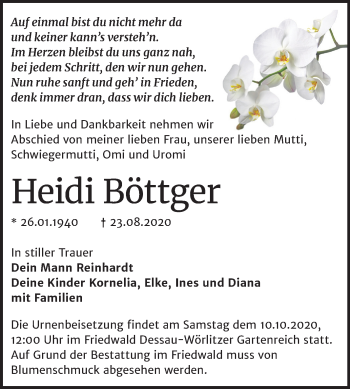 Traueranzeige von Heidi Böttger von Mitteldeutsche Zeitung Dessau-Roßlau