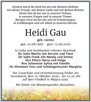 Traueranzeige von Heidi Gau von Mitteldeutsche Zeitung Sangerhausen