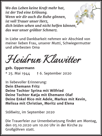 Traueranzeige von Heidrun Klawitter von Wochenspiegel Weißenfels