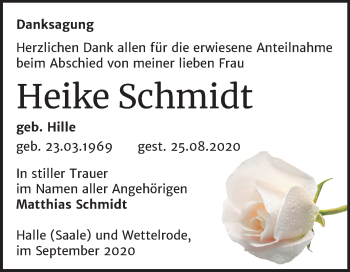 Traueranzeige von Heike Schmidt von Mitteldeutsche Zeitung Halle/Saalkreis / Sangerhausen