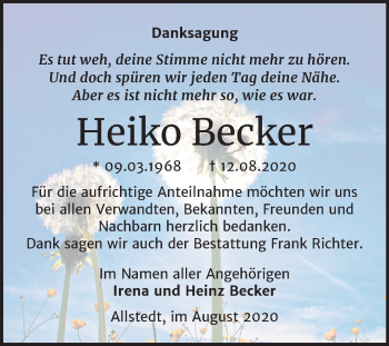 Traueranzeige von Heiko Becker von Mitteldeutsche Zeitung Sangerhausen
