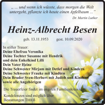 Traueranzeige von Heinz-Albrecht Besen von Super Sonntag Quedlinburg
