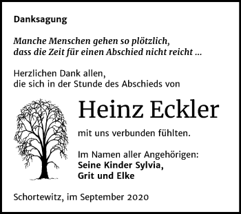Traueranzeige von Heinz Eckler von Super Sonntag Köthen
