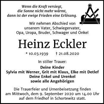 Traueranzeige von Heinz Eckler von Mitteldeutsche Zeitung Köthen