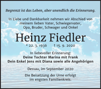 Traueranzeige von Heinz Fiedler von Mitteldeutsche Zeitung Dessau-Roßlau