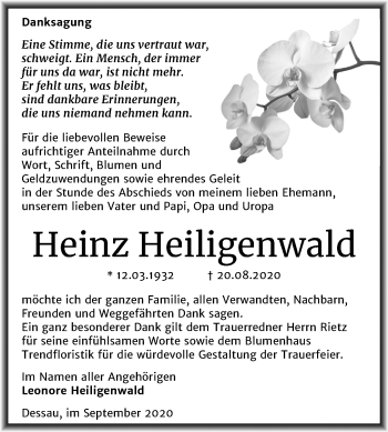 Traueranzeige von Heinz Heiligenwald von Mitteldeutsche Zeitung Dessau-Roßlau