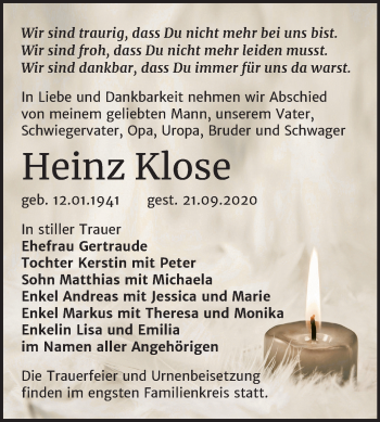 Traueranzeige von Heinz Klose von Super Sonntag Sangerhausen