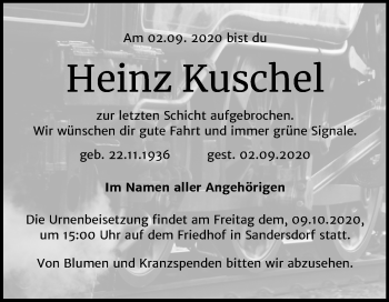 Traueranzeige von Heinz Kuschel von Wochenspiegel Bitterfeld