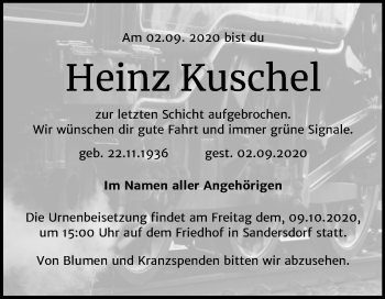 Traueranzeige von Heinz Kuschel von Mitteldeutsche Zeitung Bitterfeld