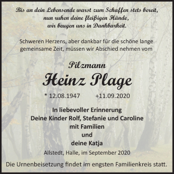 Traueranzeige von Heinz Plage von Mitteldeutsche Zeitung Halle/Saalkreis