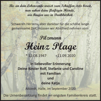 Traueranzeige von Heinz Plage von Super Sonntag Sangerhausen