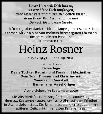 Traueranzeige von Heinz Rosner von Super Sonntag Aschersleben