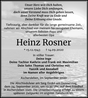 Traueranzeige von Heinz Rosner von Mitteldeutsche Zeitung Aschersleben