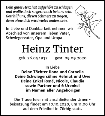 Traueranzeige von Heinz Tinter von Mitteldeutsche Zeitung Bitterfeld