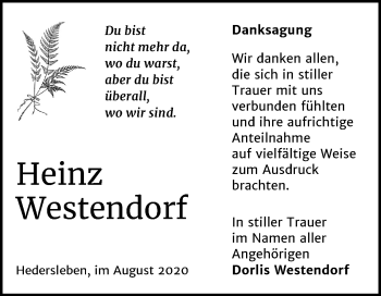 Traueranzeige von Heinz Westendorf von Mitteldeutsche Zeitung Quedlinburg