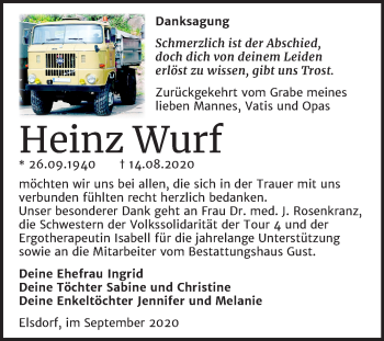 Traueranzeige von Heinz Wurf von Mitteldeutsche Zeitung Köthen