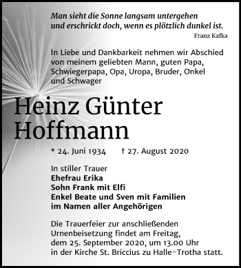 Traueranzeige von Heinz Günter Hoffmann von Mitteldeutsche Zeitung Halle/Saalkreis