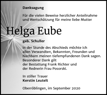 Traueranzeige von Helga Eube von Super Sonntag Sangerhausen