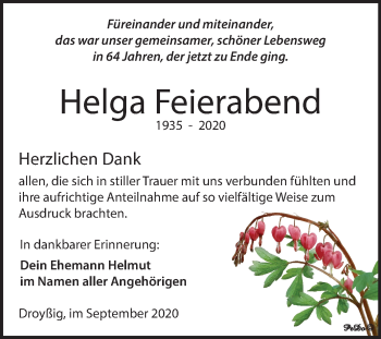Traueranzeige von Helga Feierabend von Mitteldeutsche Zeitung Zeitz