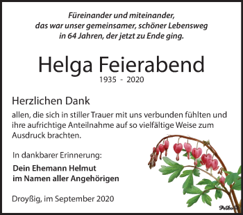 Traueranzeige von Helga Feierabend von Super Sonntag Zeitz