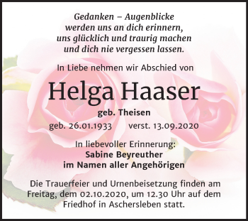 Traueranzeige von Helga Haaser von Mitteldeutsche Zeitung Aschersleben