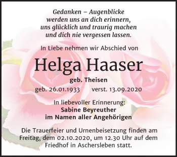 Traueranzeige von Helga Haaser von Super Sonntag Aschersleben