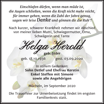 Traueranzeige von Helga Herold von Super Sonntag Merseburg/Querfurt