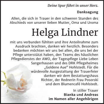 Traueranzeige von Helga Lindner von Super Sonntag Sangerhausen