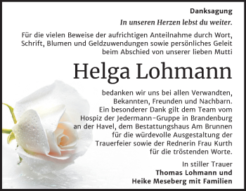Traueranzeige von Helga Lohmann von Mitteldeutsche Zeitung Mansfelder Land
