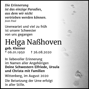 Traueranzeige von Helga Naßhoven von Super Sonntag Wittenberg