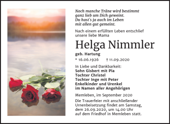 Traueranzeige von Helga Nimmler von Wochenspiegel Naumburg/Nebra