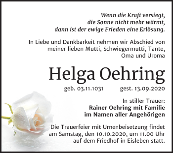 Traueranzeige von Helga Oehring von Wochenspiegel Mansfelder Land