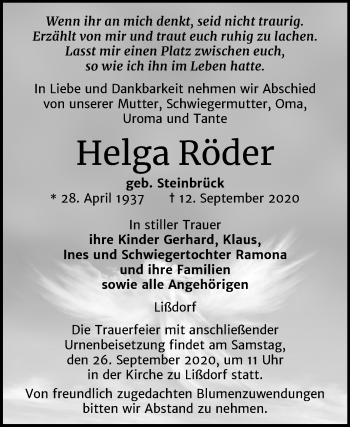 Traueranzeige von Helga Röder von Wochenspiegel Naumburg/Nebra