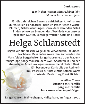 Traueranzeige von Helga Schlanstedt von Mitteldeutsche Zeitung Sangerhausen
