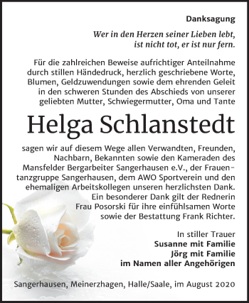 Traueranzeige von Helga Schlanstedt von Super Sonntag Sangerhausen