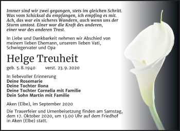 Traueranzeige von Helge Treuheit von Mitteldeutsche Zeitung Köthen