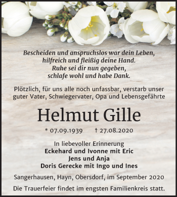 Traueranzeige von Helmut Gille von Mitteldeutsche Zeitung Sangerhausen