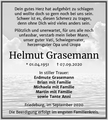 Traueranzeige von Helmut Grasemann von Mitteldeutsche Zeitung Mansfelder Land