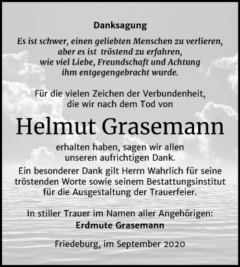 Traueranzeige von Helmut Grasemann von Wochenspiegel Mansfelder Land