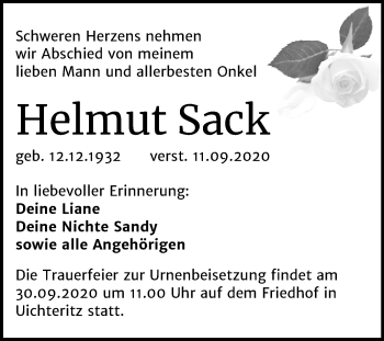 Traueranzeige von Helmut Sack von Wochenspiegel Weißenfels
