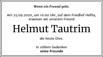 Traueranzeige von Helmut Tautrim von Super Sonntag Mansfelder Land