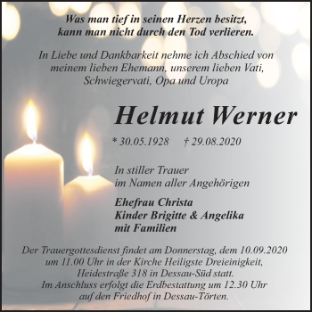 Traueranzeige von Helmut Werner von Super Sonntag Dessau-Roßlau