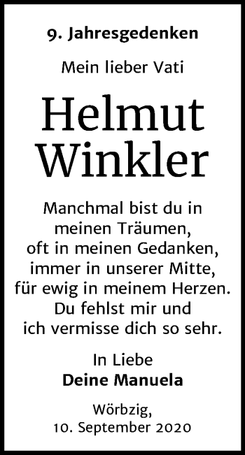 Traueranzeige von Helmut Winkler von Mitteldeutsche Zeitung Köthen