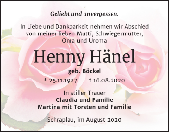 Traueranzeige von Henny Hänel von Mitteldeutsche Zeitung Merseburg/Querfurt